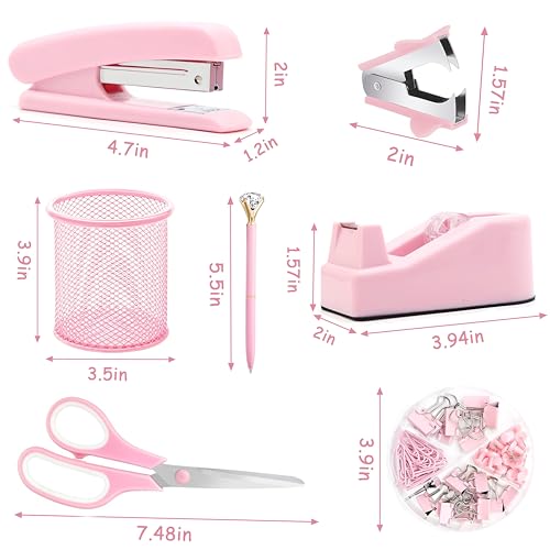 Pink Office Supplies, Pink Desk Accessories, Stapler, Staple Remover, Tape Holder, Pen Holder, Ballpoint Pen, Scissor, Binder Clips, Paper Clips and 1000pcs Staples. - color: Pink