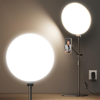 Full-Panel Ring Light with Stand and Extra-Long Flexible Phone Arm for Podcast & Streaming, 10" LED Video Light for Desk, Laptop & Computer, Dimmable Light for Video Recording & Content Creation