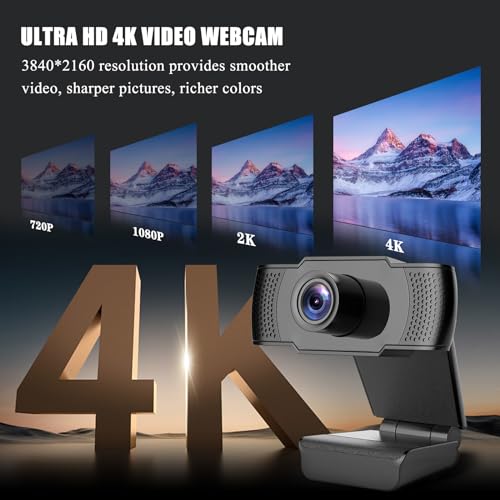 4K Webcam, Ultra 4K HD Web Cam for PC, Dual Noise-Canceling Mics, Auto Light Correction, Wide Angle Streaming Webcam,Plug and Play for Video Calling/Teams/Conferencing/Zoom