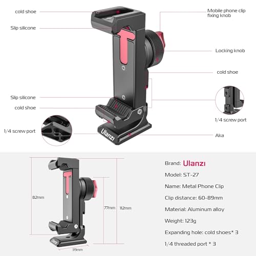 ULANZI ST-27 Metal Phone Tripod Mount, 360° Phone Holder for Tripod w 3 Cold Shoes & Arca Port, Versatile Smartphone Adapter for iPhone 17 16 15, Desktop Tripods, and Live Streaming/Vlogging Setup