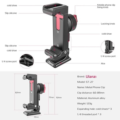 ULANZI ST-27 Metal Phone Tripod Mount, 360° Phone Holder for Tripod w 3 Cold Shoes & Arca Port, Versatile Smartphone Adapter for iPhone 17 16 15, Desktop Tripods, and Live Streaming/Vlogging Setup