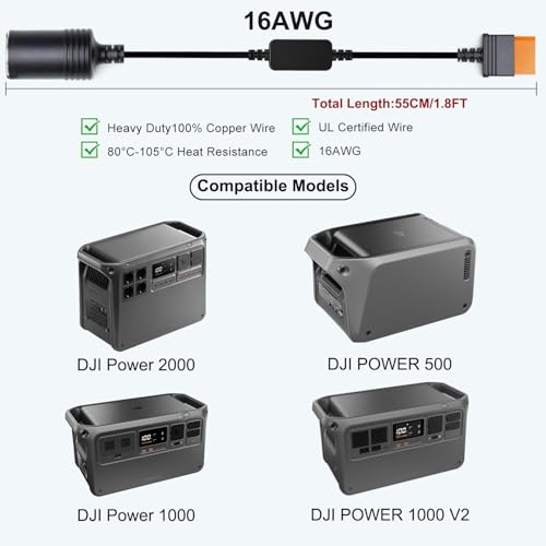 TAIFU 12V SDC to Car Charger Plug Power Cable Replacement for DJI Power 2000/1000V2/1000/500 Portable Power Station Cigarette Lighter Plug 1024Wh / 2048Wh Solar Generator Power Cord