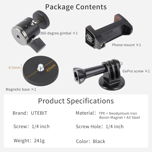 UTEBIT Magnet Camera Mount for Action Camera, with Phone Holder Mount,Black | 43mm Strong Magnetic Base Mount with 360° Rotation Ball Head, Compatible with Gopro Hero, DJI Osmo Action Osmo Nano, Insta360 - size: 43MM