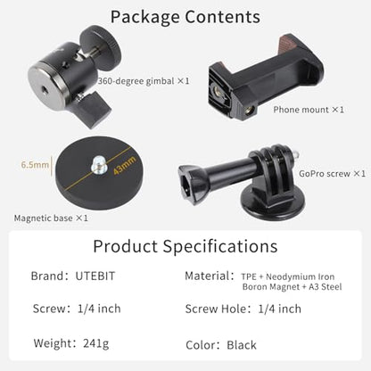 UTEBIT Magnet Camera Mount for Action Camera, with Phone Holder Mount,Black | 43mm Strong Magnetic Base Mount with 360° Rotation Ball Head, Compatible with Gopro Hero, DJI Osmo Action Osmo Nano, Insta360 - size: 43MM