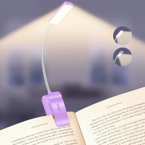 Gritin 2026 Gen 2 Book Light for Reading- 30 Eye Caring Full Spectrum LED | 5 Colors & 5 Brightness, Adjustable Wide/Narrow Beam, Upgrade 1500mAh Long-Lasting Rechargeable Clip on Light-Purple - color: Purple