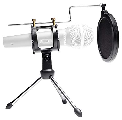 Rockville Podcasting Bundle: (2) RMC-XLR Metal Handheld Microphones, (2) RTMS21 Desktop Tripod Stands with Pop Filters, Shock Mounts, Cables, 4-Items