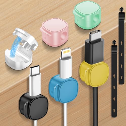 6 Pack Magnetic Cable Clips & Silicon Cable Ties,Cord Holder Cable Smooth Adjustable Desk Organizer,Under Desk Cable Management,Adhesive Home Office Keeper - color: White/Black/Blue/Pink/Green/Yellow