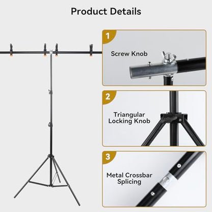 UTEBIT Adjustable Backdrop Stand 4.5x6.6ft, Photography T-Shape Banner Holder Stand with 3 Strong Spring Clamps and Carry Bag, Portable Curtain Background Support Kit for Parties Videography Studio - size: 6.6x4.5ft