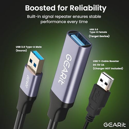 GEARit USB 3.0 Active Extension Cable (50 Feet) A-Male to A-Female USB Repeater with Signal Booster for Oculus Rift, Quest Link, Xbox 360 Kinect, PlayStation, Printer, Webcam - 50ft - size: 50 Feet