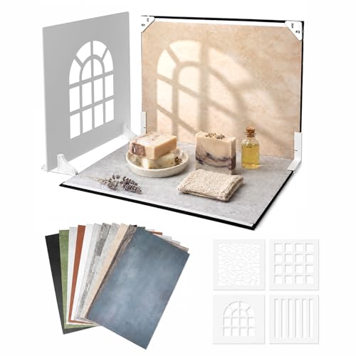Product Photography Backdrops Kit, 16.5 x 11.7 inch, 22 Designs | 11 Double-Sided Photo Backdrops with 4 shadow props for food photography, jewelry, handmade products and UGC content.