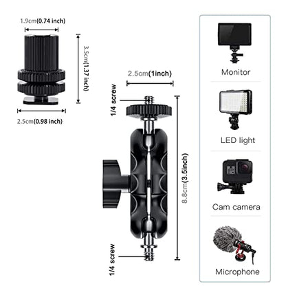 Magic Arm Cool Ballhead Double Ball Head Adapter with 1/4’’ Screw and Cold Shoe Mount - 2 Pack for Cameras, Camcorders, Monitor, Flash, LED Light, Microphone, and More