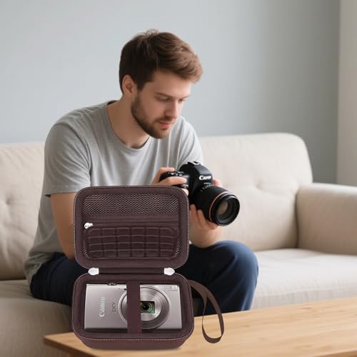 Elonbo Carrying Case for Canon PowerShot ELPH 360 HS A/ 360 HS/ 360/ IXY 650 Digital Camera, Canon PowerShot ELPH 330/190/160/115/130/110 Camera Hard Travel Bag, Mesh Pocket fits Battery Cable, Brown - color: Brown