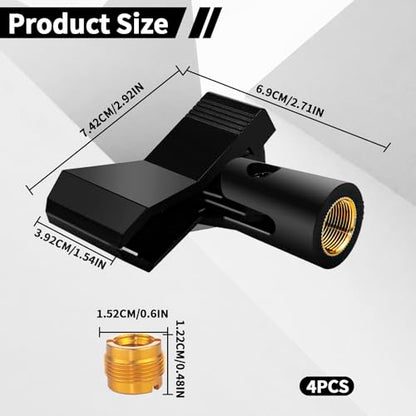 4 Pack Universal Adjustable Mic Clips for Stands, Wireless Microphone Holder with 5/8 to 3/8 Inch Adapter, 180° Adjustable Knob, Secure Clamp for Mic Stands