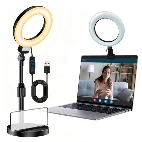 Desk Ring Light with Stand, Video Conference Lighting with Clip, Ring Light for Phone, Travel Selfie Light for Makeup, Live Streaming, Video, Photography