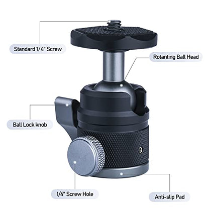 Mini Ball Head with 1/4" Screw 3/8" Thread Mount Adapter 360 Degree Rotatable Aluminum Tripod Head for DSLR, Monopod, Phone, Gopro, Camcorder, Max Load 9.9lbs/4.5kg - size: Lightweight 9.9/lb