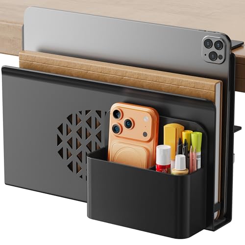 Desk Side Storage, Metal Laptop Holder with Magnetic Pen Box, Clamp-On Under Desk Organizer with Cooling Holes & Anti-Scratch Pads for Office and Home (Black) - color: Black