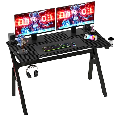 BestOffice | 47" Gaming Desk | Black & Red | Carbon Fiber Textured Computer Desk | Sturdy Steel Frame,Cup Holder, Headphone Hook, Cable Management Holes, Adjustable Leg Pads | for Gamers,Home,Office - color: Black&red, size: 47 Inch R Shaped