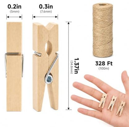 jijAcraft 100Pcs Clothespins with String, 1.4Inch Mini Wooden Clothes Pins with 328Ft Jute Twine, Mini Baby Shower Photo Clips, Small Natural Clips for Hanging Photo, Clothes, DIY Crafts, Wrap Bag - color: Natural