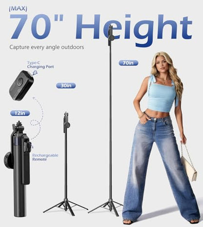 UBeesize 70'' Magnetic Selfie Stick Tripod for iPhone, MagSafe Tripod with 2-in-1 Phone Clamp & 1/4'' Screw Mount, Phone Tripod Stand with Remote, 4-Leg Stable Selfie Stick for Camera & GoPro - size: 70in