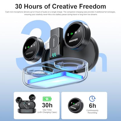 Wireless Lavalier Microphone for iPhone 17/16/15/14, iPad & Android, Magnetic Clip-on Mini Mic with Charging Case,30H Playtime Plug-Play Lapel Lavalier Mic for Vlog TikTok, AI Noise Reduction