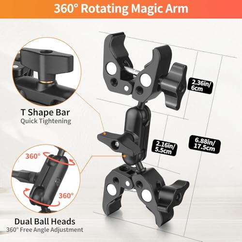 Double Super Clamp Camera Mount, Umbrella Holder Bracket with 360° Ballhead Magic Arm for Pole, Tripod Clamp Mount for Cross Bar, Light Stand, Strollers, Photo Boom Stand, Reflector, Chair