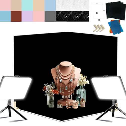 14PCS Absobent Black Flocked Photography Backdrop Boards with LED Lighting Studio Kit 16x16 inch Anti-Glare Photo Background Backdrop Shooting Tent for Product Food Jewelry Cosmetics Makeup