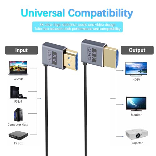 Duttek Coiled HDMI Cable1 FT-1.5FT 8K 60fps, 4K 120fps, Extremely Thin Left Angle to Right Angle HDMI Coiled Cable Short 480Gbps for ATOMOS Ninja V Sony A7siii Canon C300 C500 Ronin RS2 Monitor Camera