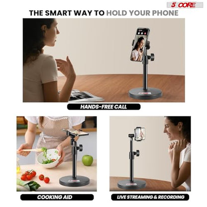 5 Core 3 in 1 Multi Function Desk Microphone Stand Adjustable Table Desktop Mic Stands with Microphone Cell Phone Clip to 3/8" Female to 5/8" Male Metal Adapter Black