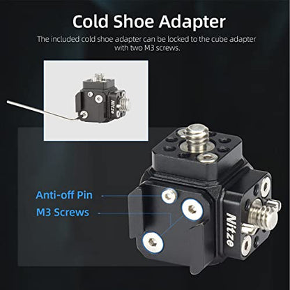 Nitze Camera Mount Cube Adapter (6-Sided) Universal Camera Mount with 1/4” Locating Holes, 3/8” Locating Holes, Cold Shoe Adapter, 1/4” Screws, 3/8” Screws and Locating Pins - N82B