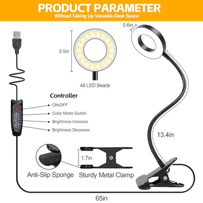 Foneso Desk Lamp Clip on Light, 48 LED USB Lamp with 3 Color Modes 10 Brightness Levels, 360° Flexible Gooseneck Eye Protection Bed Night Light for Reading, Makeup, Craft (Black) - size: 1 Pack