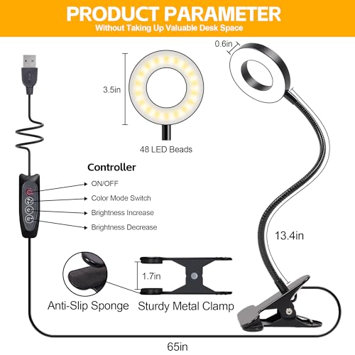 Foneso Desk Lamp Clip on Light, 48 LEDs USB Lamp with 3 Color Modes 10 Brightness Levels, 360° Flexible Gooseneck Eye Protection Bed Night Light for Reading, Makeup, Office, Pack of 2 - size: 2 Pack