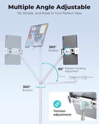 Viozon Tablet Floor Stand, Height & Angle Adjustable Tablet Holder with Aluminum Alloy Arm Tube, 360° Rotation for Bed, Sofa, Desk, Compatible with 3.5-11'' iPad Pro/Air/Mini, iPhone 15/14, Kindle. - color: White