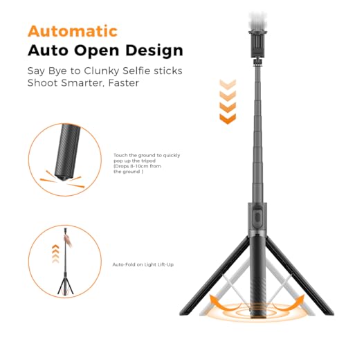 65" Automatic Phone Tripod,Auto-Open and Close Selfie Stick Tripod with Remote, Extendable Cell Phone Stand for iPhone & Android,Lightweight Selfie Stick for Creators,Vloggers,Travel,YouTube