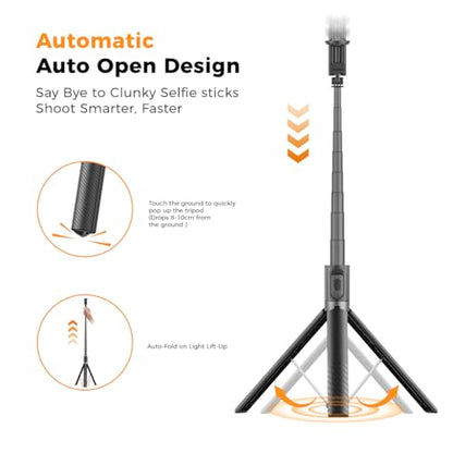65" Automatic Phone Tripod,Auto-Open and Close Selfie Stick Tripod with Remote, Extendable Cell Phone Stand for iPhone & Android,Lightweight Selfie Stick for Creators,Vloggers,Travel,YouTube