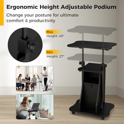 Giantex Mobile Podium Stand, Sit-to-Stand Laptop Cart with Tilting Tabletop & Storage Cabinet, Lockable Casters, Height-Adjustable Rolling Lectern for Classroom, Church, Home Office (Black, 1 Pack) - color: Black