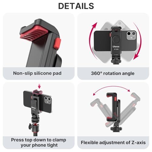 ULANZI Phone Tripod Mount ST-06S, Universal Smartphone Mount Adapter with 2 Cold Shoe, 360° Rotates Adjustable Cell Phone Clip Clamp Holder, Compatible with iPhone17/16/15, Samsung Galaxy Smartphones - color: Black
