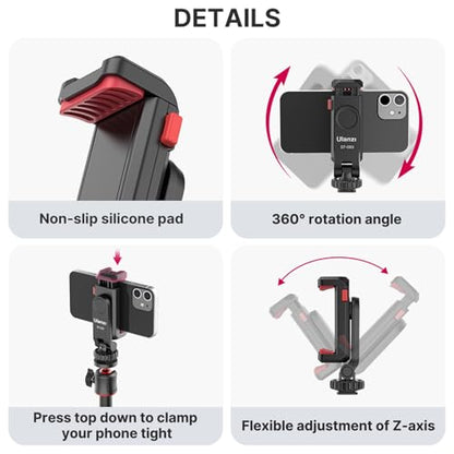 ULANZI ST-06S Phone Tripod Mount, Universal Smartphone Mount Adapter with 2 Cold Shoe, 360° Rotates Adjustable Cell Phone Clip Clamp Holder, Compatible with iPhone 17/16/15, Samsung Galaxy Cell Phones
