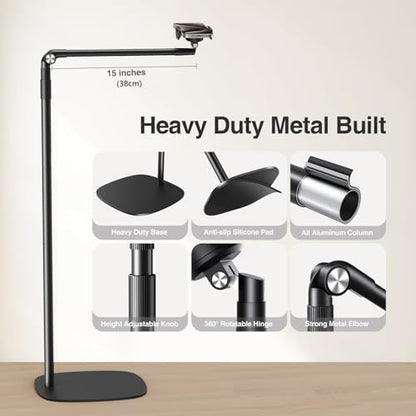 elitehood Floor Phone Stand Overhead Video Recording, 360 Degrees Swivel Tilt Adjustable iPhone Stand for Bed, Chair, Desk, Floor Phone Holder Compatible with iPhone 15, 14, 13, 12, Android Phone - style: Floor Stand