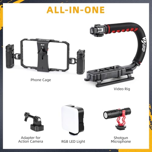 Zeadio All-in one Smartphone Camera Stabilizer Kit, Portable Handheld Video Rig with Aluminum Smarphone Cage Rig, RGB Video Light and Microphone for All Camera DSLR Smartphones etc - style: Pro Kit