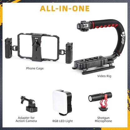 Zeadio All-in one Smartphone Camera Stabilizer Kit, Portable Handheld Video Rig with Aluminum Smarphone Cage Rig, RGB Video Light and Microphone for All Camera DSLR Smartphones etc - style: Pro Kit