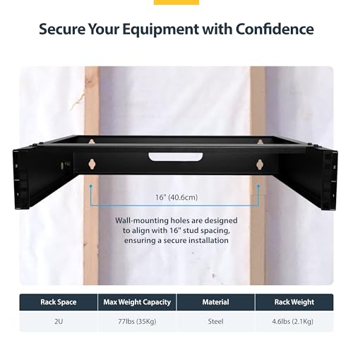 StarTech 2U 19in Wall-Mount Network Rack, 14in, 77lb (RACK-2U-14-BRACKET) | Low-profile shallow rack, M6 screws and cage nuts, Fits gear up to 12in deep, Rear cable slot, Steel - size: 2U