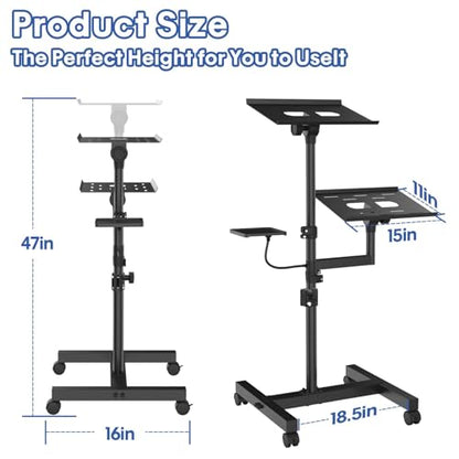 Projector Stand, 2 Shelves Mobile Laptop Cart with Adjustable 47" Height | top tray tilts 30°,4 quiet casters with 2 locks,sturdy H-beam steel frame,mouse tray included,for home,outdoor