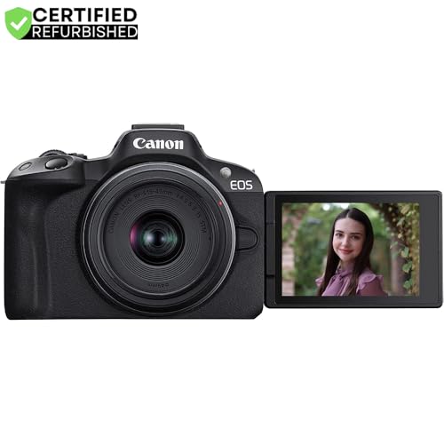 Canon EOS R50 Mirrorless Camera (Black) with RF-S 18-45mm F4.5-6.3 is STM Lens 5811C012 (Renewed) Bundle with Deco Gear Photography Bag + Microphone + Tripod + Photography Ebook & Accessories Kit
