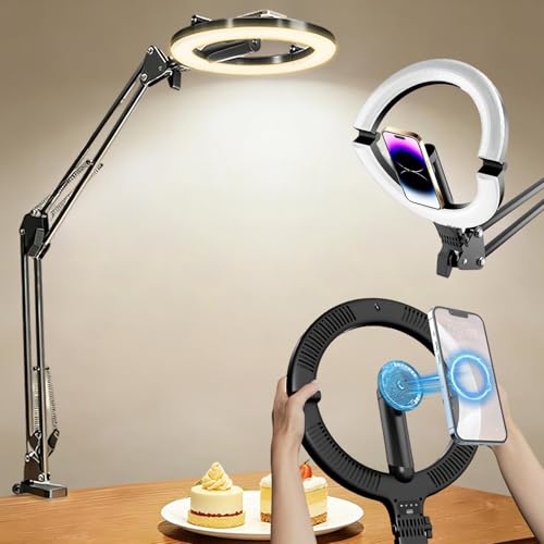 Magnetic Overhead Ring Light for Desk, 10” Selfie Light for iPhone | Built-in 5000mAh Battery, Power Display 360°, Rotation 180°Adjustable, for Selfies, Live Streaming, TikTok & Cooking Videos
