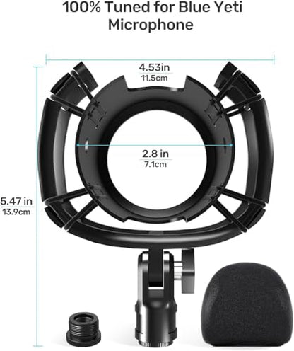 [2026 Upgrade]Custom Blue Yeti Shock Mount with Pop Filter - Elastic Suspension Design Reduces Vibration Noise, Shock Mount 100% Fits Blue Yeti, Matches Mic Boom Arm, with 3/8" to 5/8" Screw Adapter - size: Blue Yeti Shock Mount