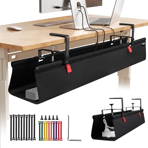 48" Under Desk Cable Management Tray, No Drill Desk Cable Management Wire Standing Desk Cord Organizer Clamp/Screw Mount, Cord Management Tray Black Fabric Desk Organizer for Home Office - color: Black, size: 48"L x 5.5"W