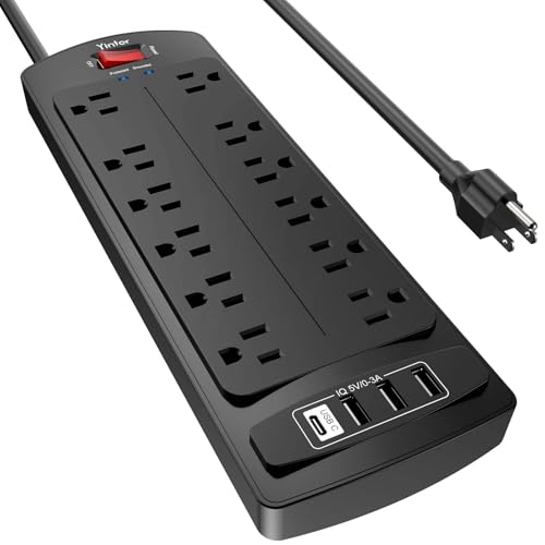 6 Feet Extension Cord Power Strip, Yintar Surge Protector with 12 AC Outlets and 4 USB Ports, 2700 Joules, ETL Listed, Black - color: Black(12 Outlets), size: 6 Ft