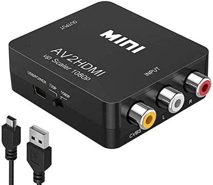 RCA to HDMI Converter, 1080P RCA Composite CVBS AV to HDMI Video Audio Converter Adapter Compatible with N64 Wii PS2 Xbox VHS VCR Camera DVD, Support PAL/NTSC with USB Power Cable