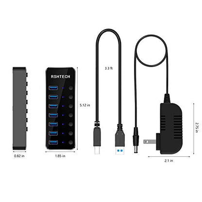 USB 3.0 Hub, RSHTECH 7 Port Powered USB Hub Expander Aluminum USB 3.0 Data Port hub with Universal 5V AC Adapter and Individual On/Off Switches USB Splitter for Laptop and PC(Black) - size: 518-2A