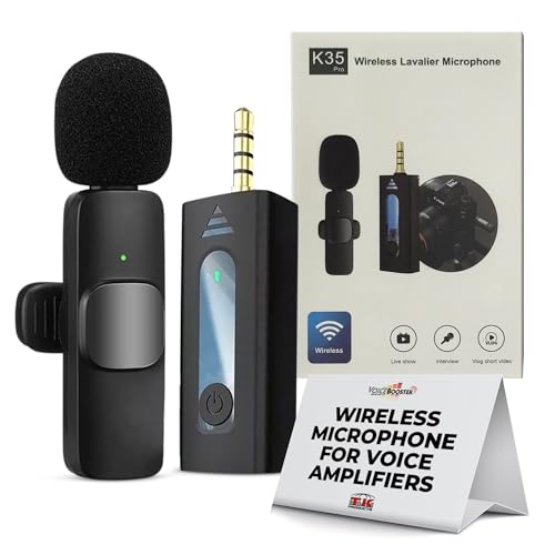 Voicebooster K35 Pro Wireless Lavalier Microphone, Plug & Play Clip on Lapel Mic - 3.5mm Plug for iPhone, Android, Voice Amplifier - Noise Cancelling Mini Microphone for Podcast, Interview & Vlogging